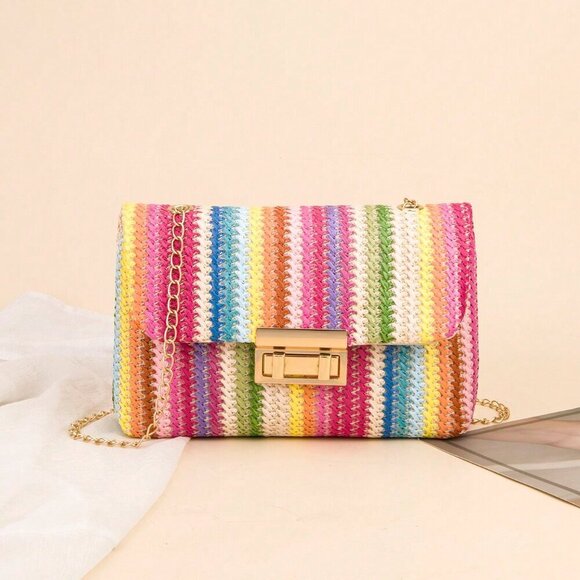 Multicolor Casual Women's Chain Shoulder Bag Small Square Woven Colorful Bag - Picture 2 of 5